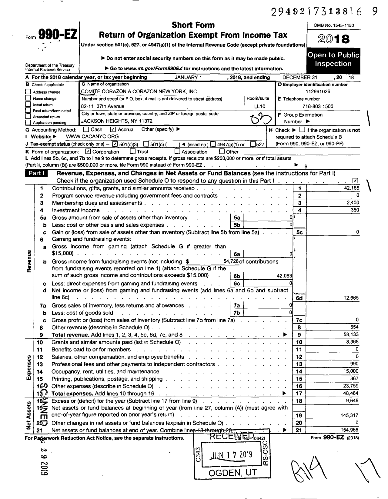 Image of first page of 2018 Form 990EZ for Comite Corazon A Corazon New York