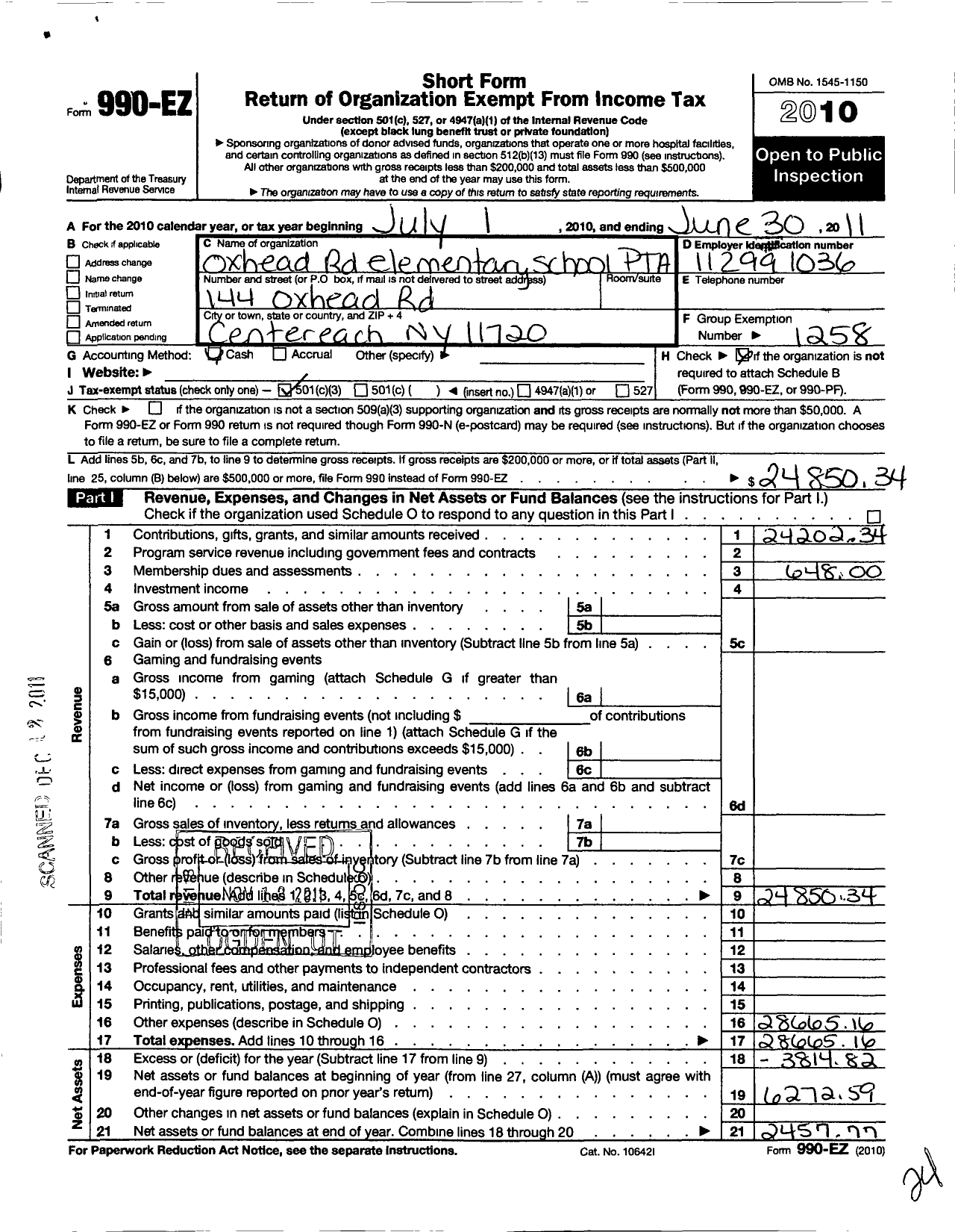 Image of first page of 2010 Form 990EZ for New York State PTA - 05-207 Oxhead Road Elementary PTA