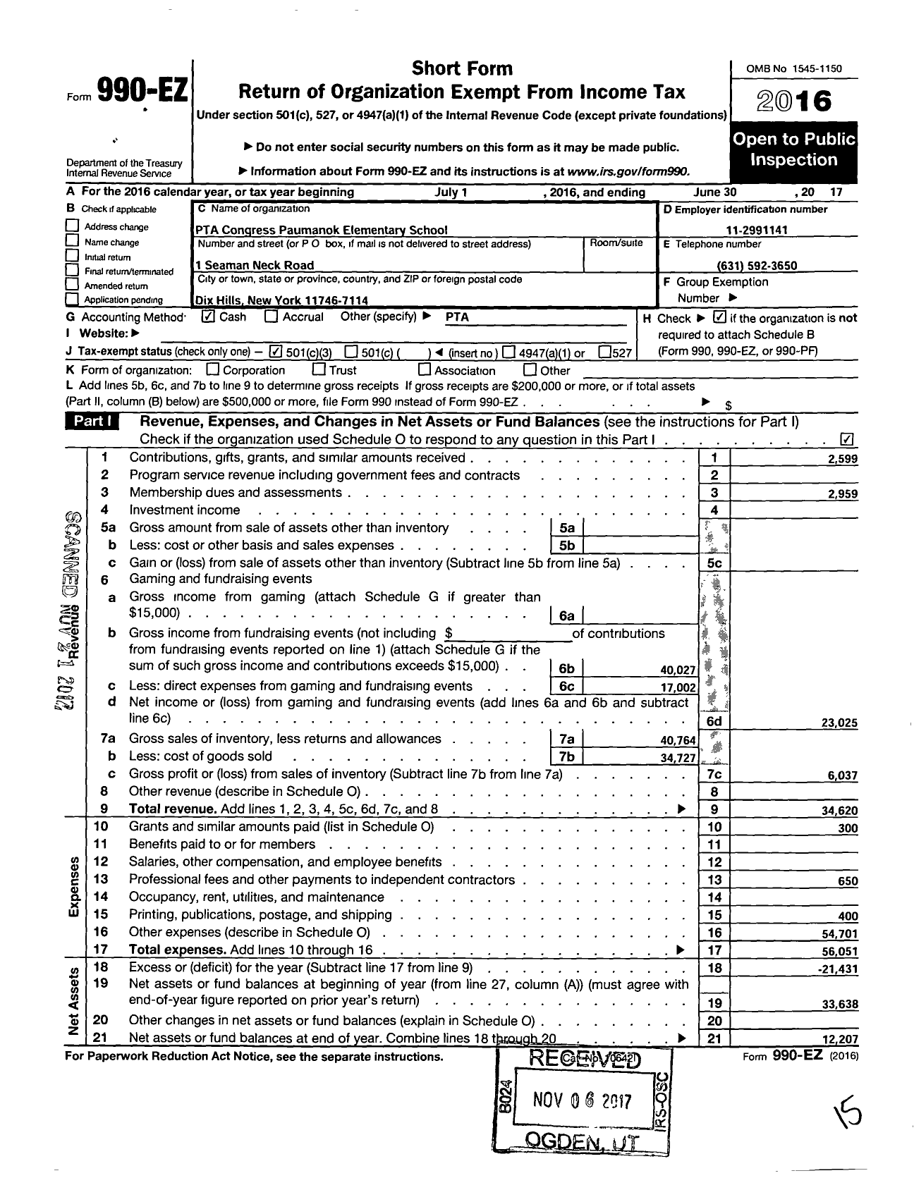 Image of first page of 2016 Form 990EZ for New York State PTA - 005-330 Paumanok Elem School PTA