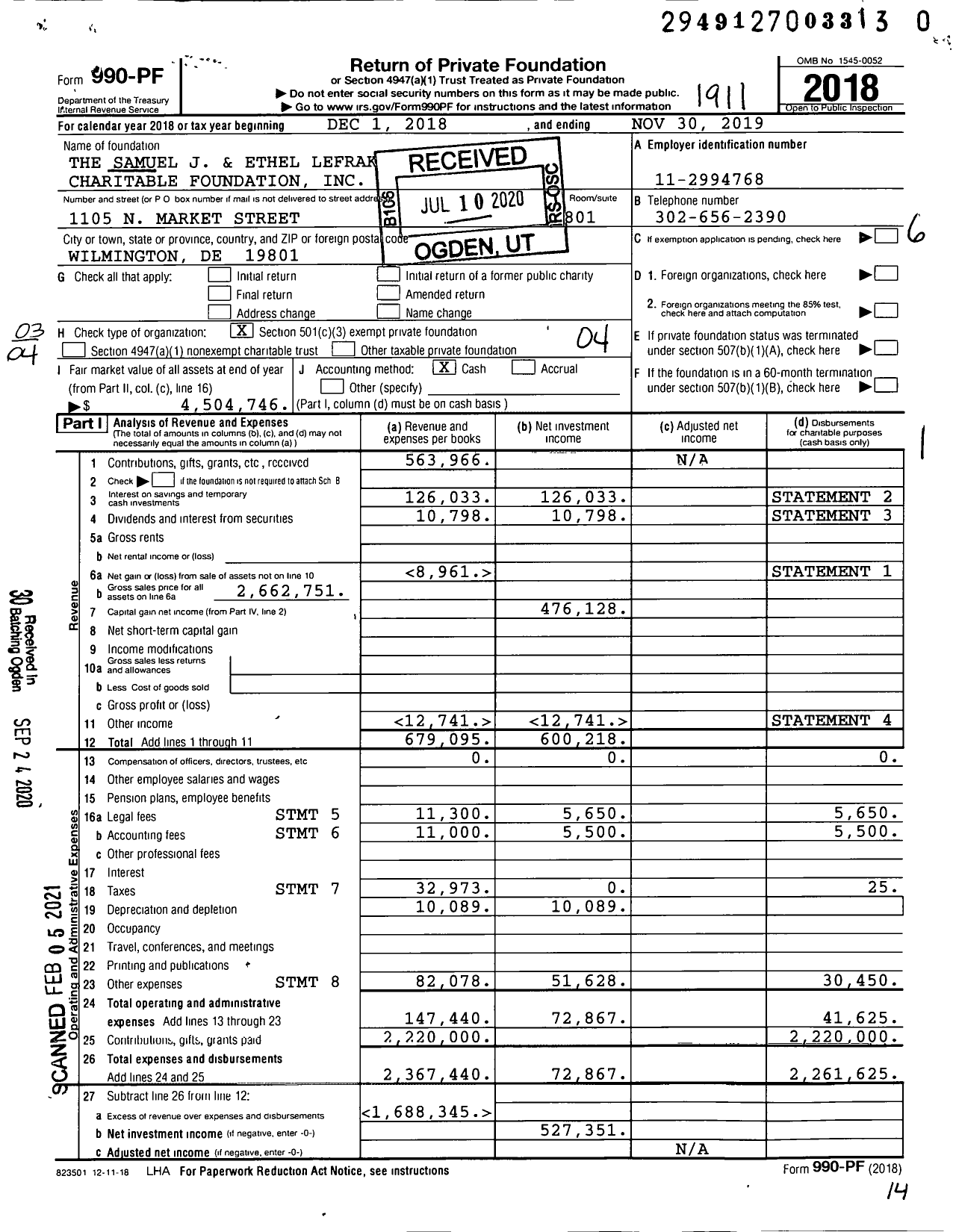 Image of first page of 2018 Form 990PF for The Samuel J and Ethel Lefrak Charitable Foundation