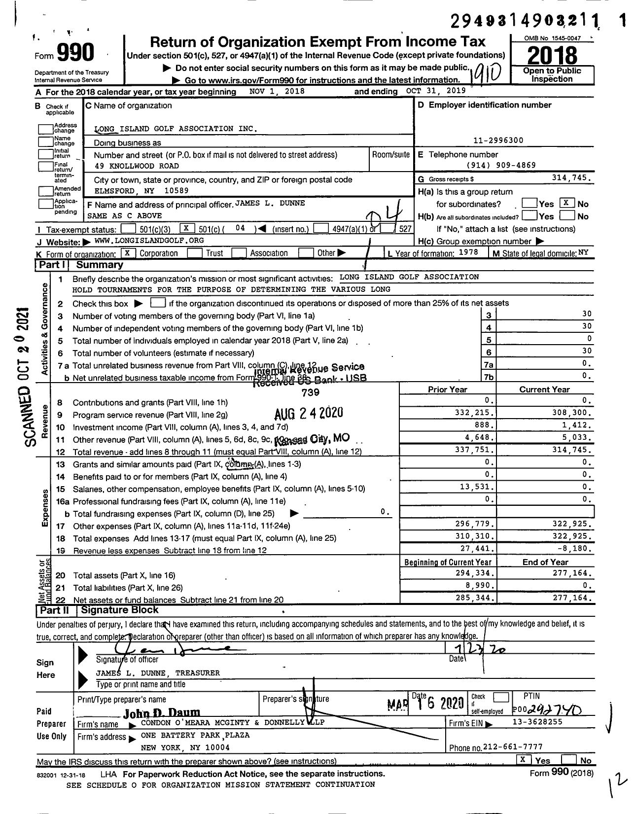 Image of first page of 2018 Form 990O for Long Island Golf Association