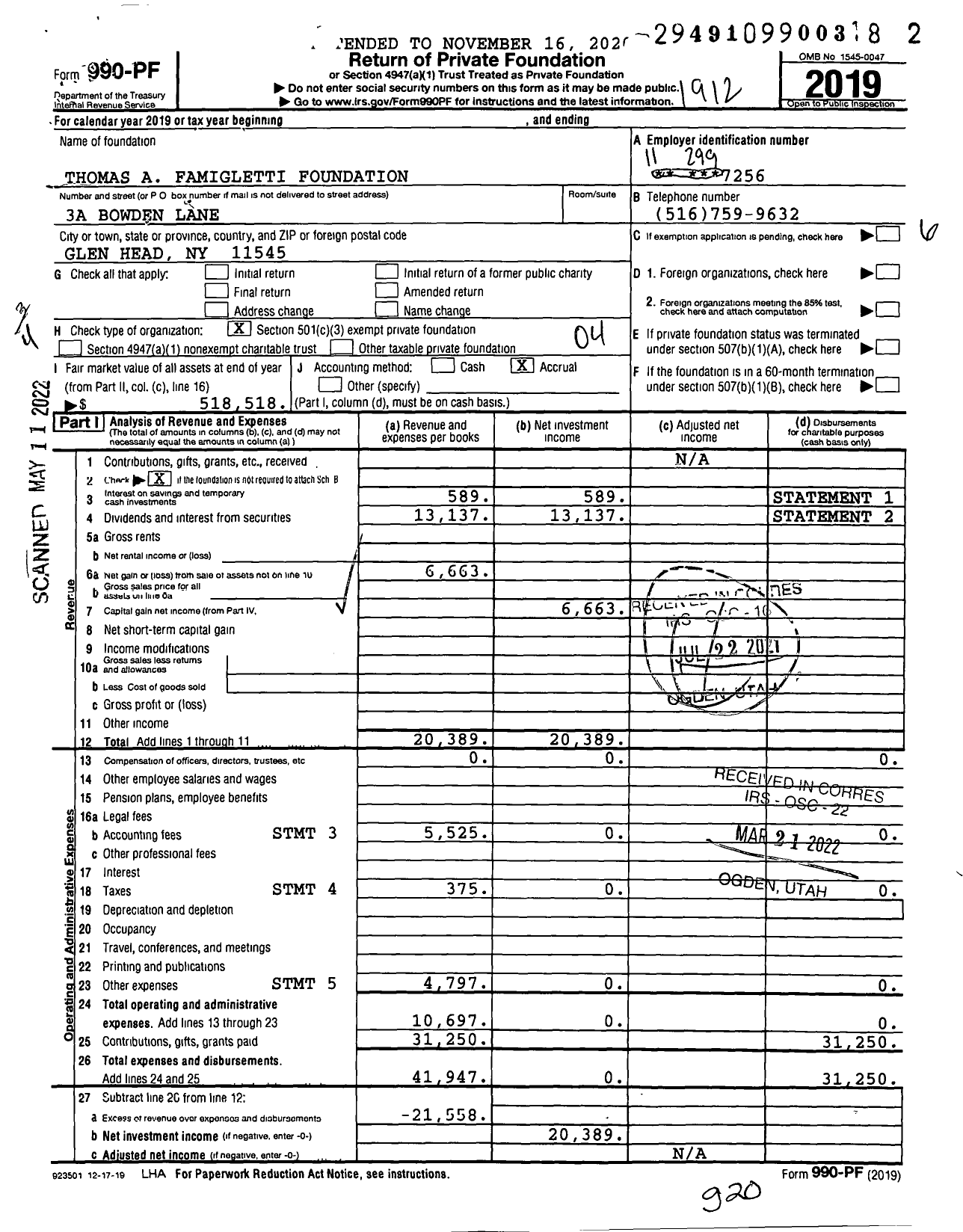 Image of first page of 2019 Form 990PF for Thomas A Famigletti Foundation