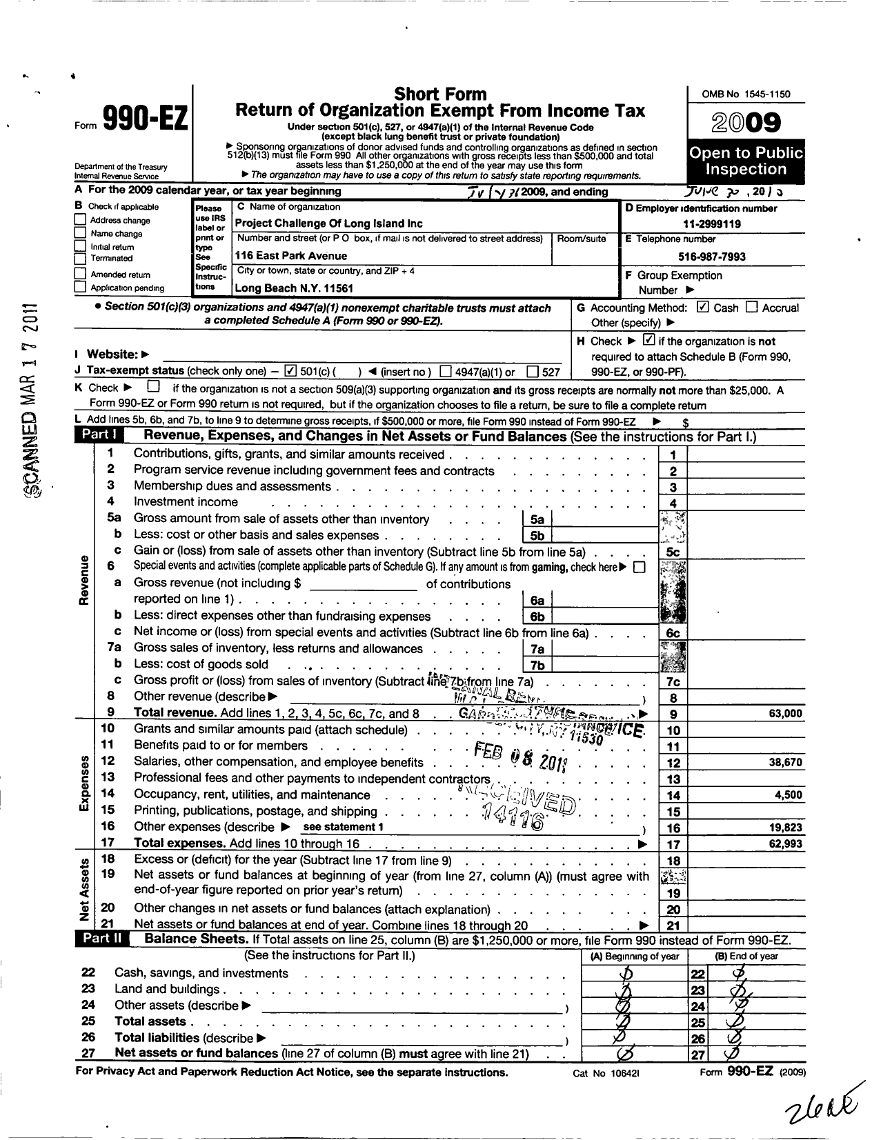 Image of first page of 2009 Form 990EO for Project Challenge of Long Island New York