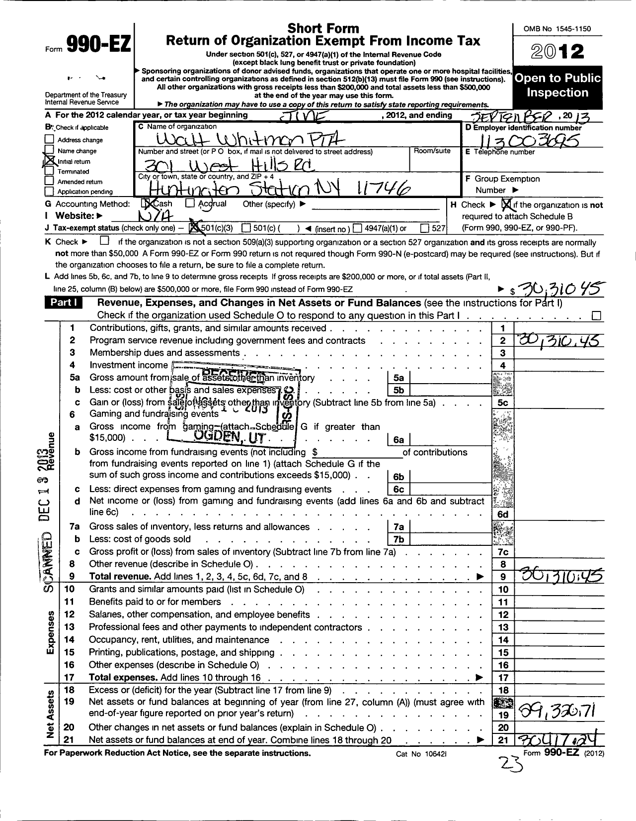 Image of first page of 2012 Form 990EZ for New York State PTA - 005-124 Walt Whitman HS PTA