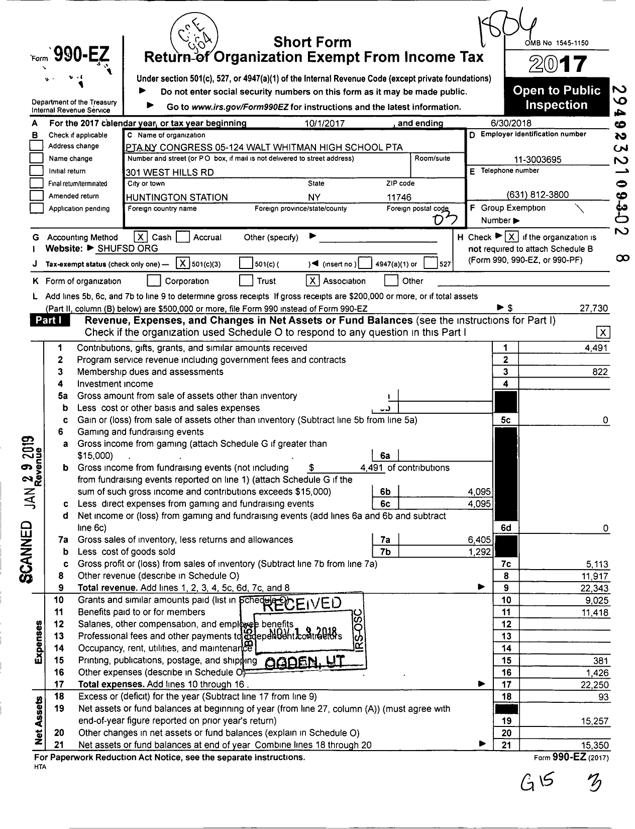 Image of first page of 2017 Form 990EZ for New York State PTA - 005-124 Walt Whitman HS PTA