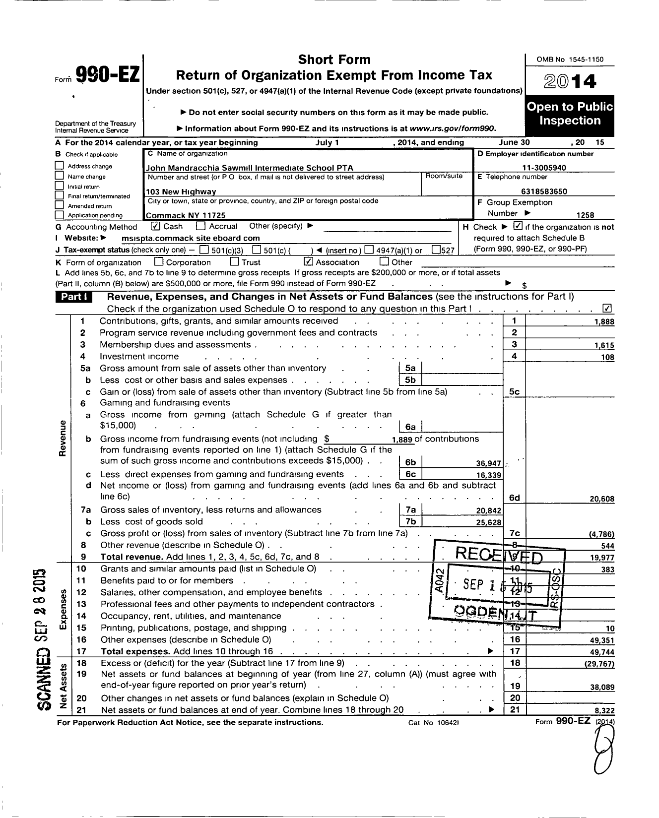 Image of first page of 2014 Form 990EO for NEW YORK State PTA - 005-389 John Mandracchia Sawmill in