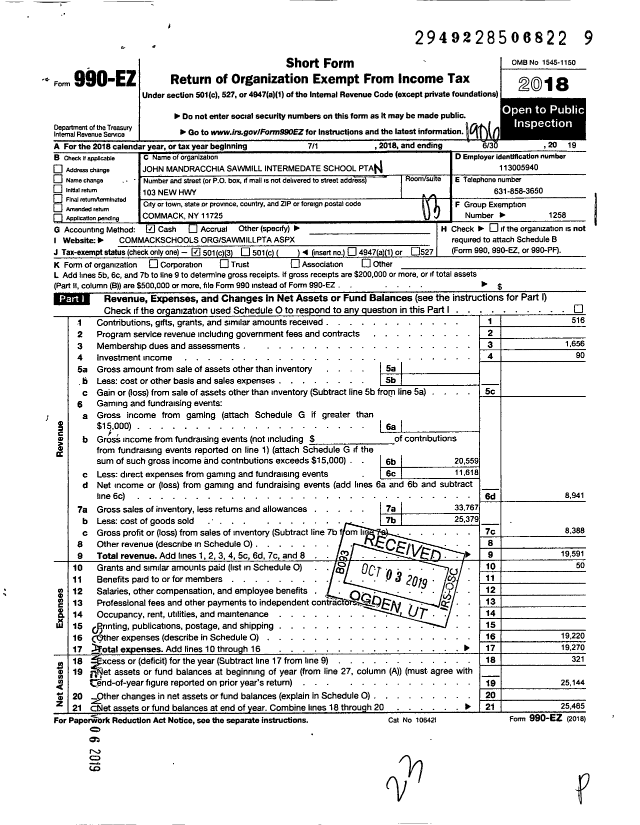 Image of first page of 2018 Form 990EZ for NEW YORK State PTA - 005-389 John Mandracchia Sawmill in