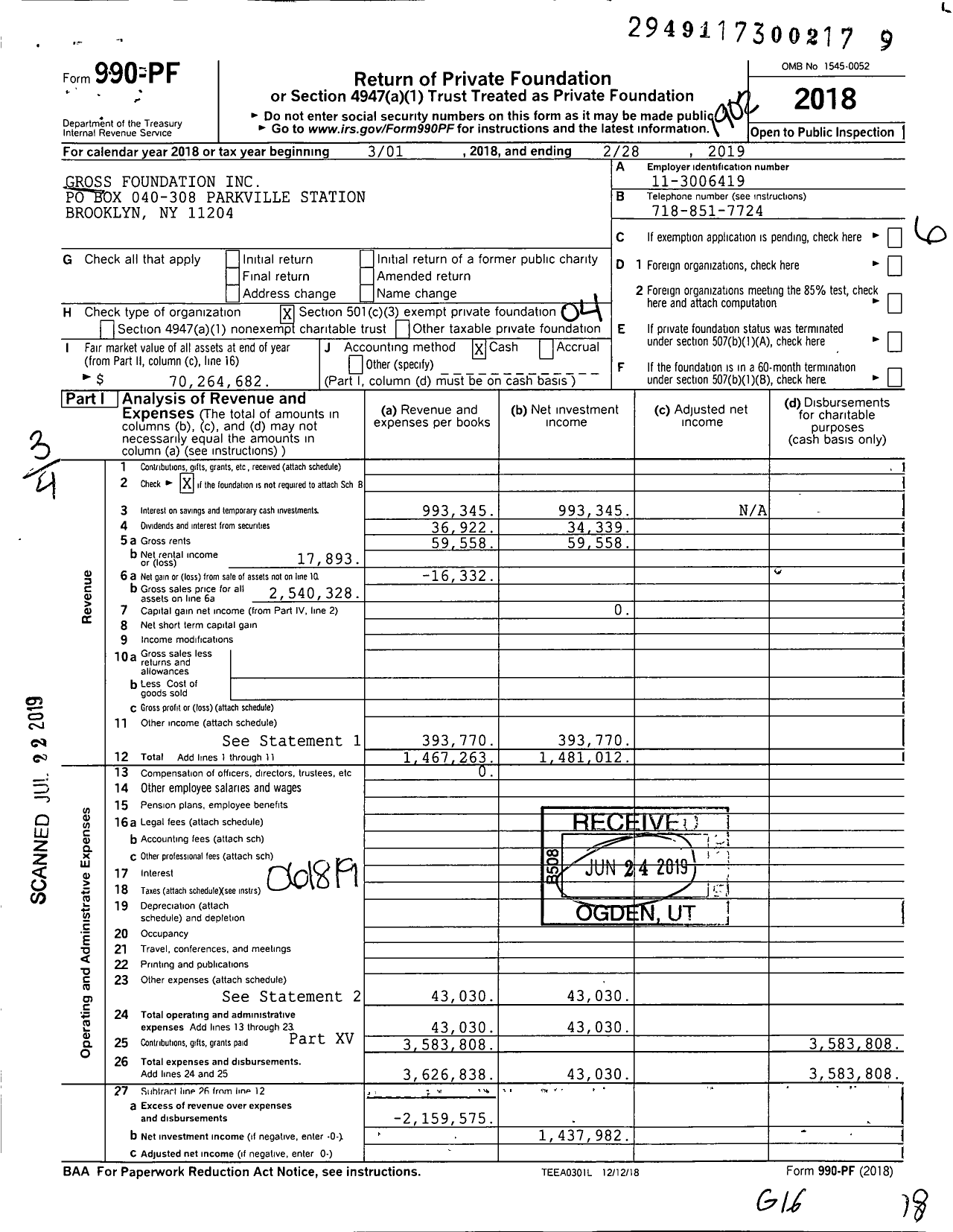 Image of first page of 2018 Form 990PF for Gross Foundation