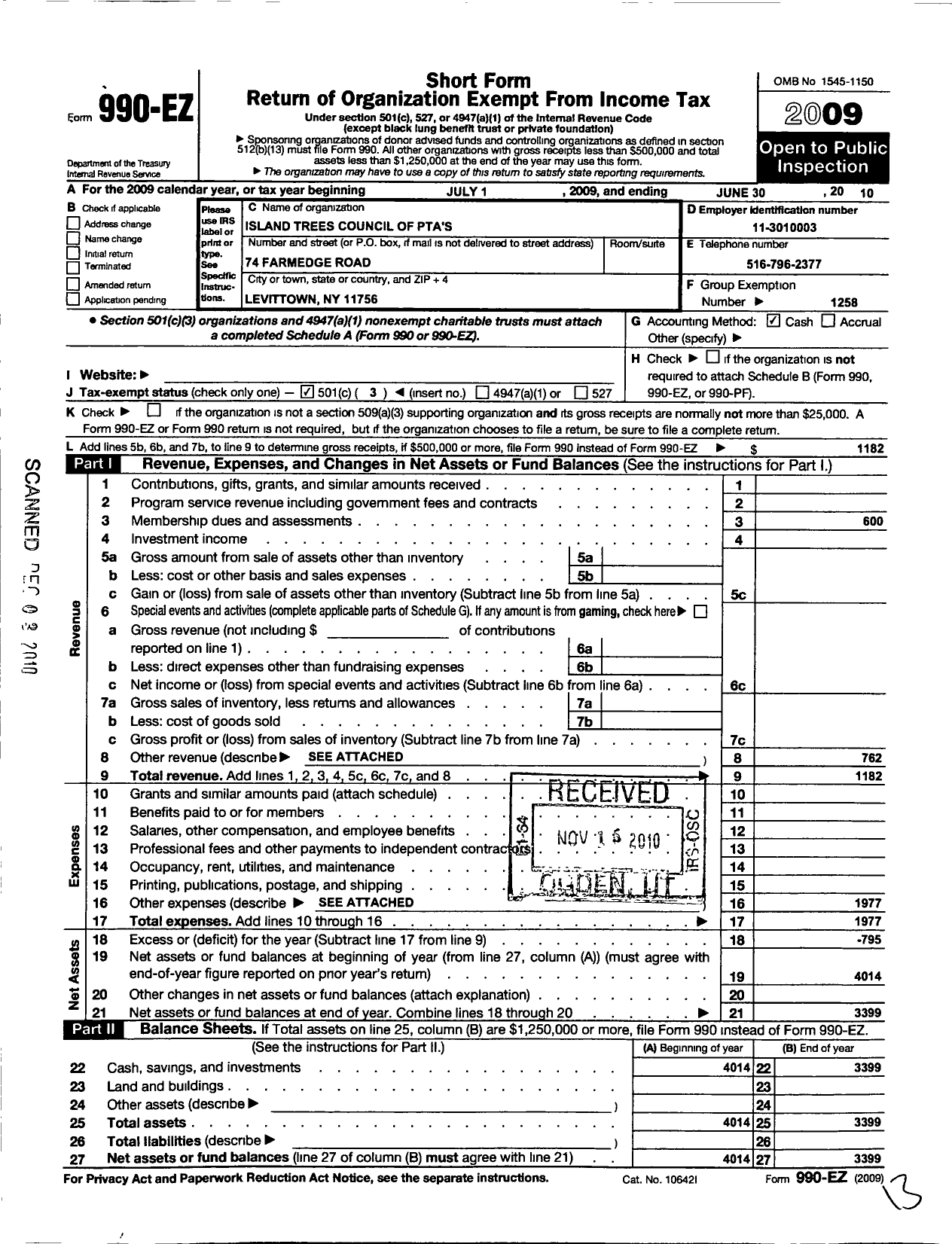 Image of first page of 2009 Form 990EZ for New York State PTA - 010-009 Island Trees Council PTA