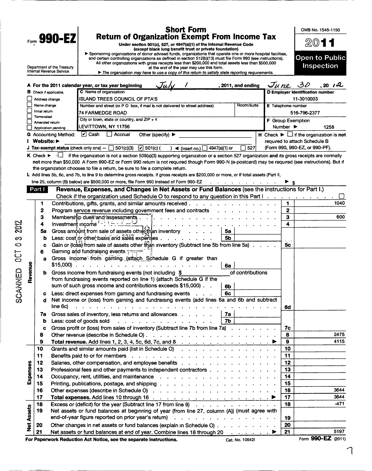 Image of first page of 2011 Form 990EO for New York State PTA - 010-009 Island Trees Council PTA