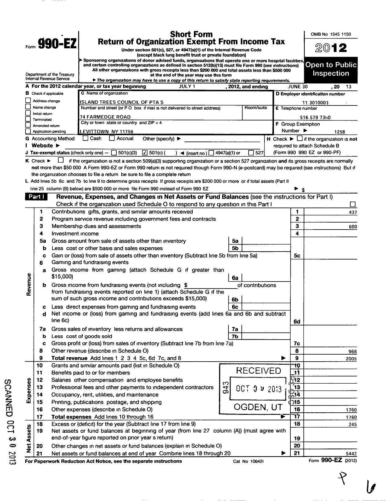 Image of first page of 2012 Form 990EO for New York State PTA - 010-009 Island Trees Council PTA