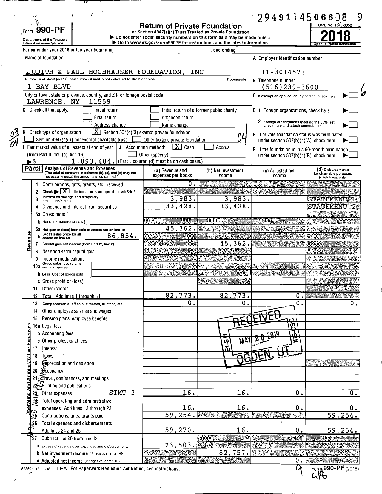 Image of first page of 2018 Form 990PF for Judith and Paul Hochhauser Foundation