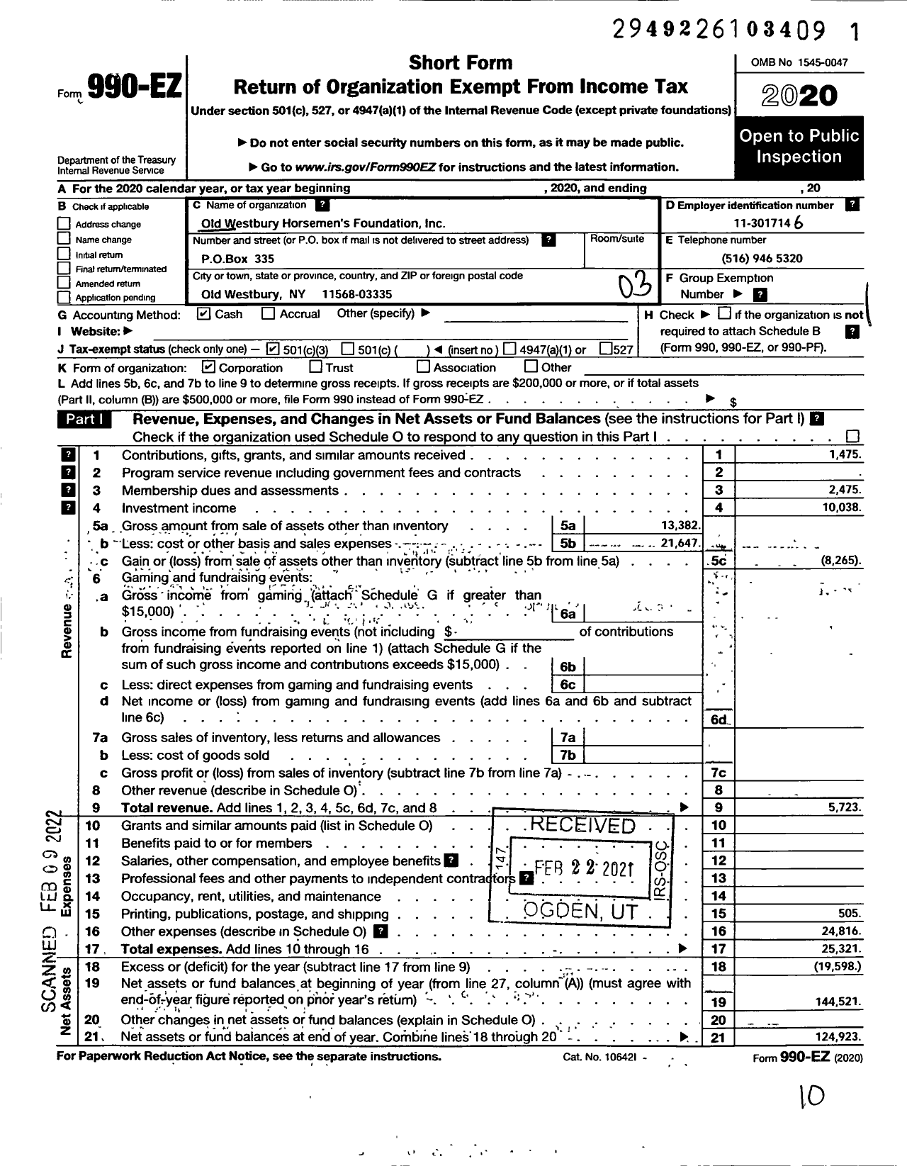 Image of first page of 2020 Form 990EZ for Old Westbury Horsemens Foundation