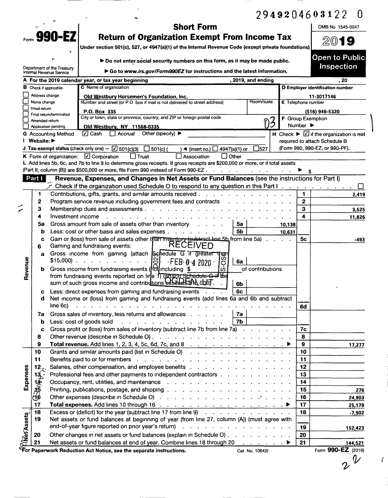 Image of first page of 2019 Form 990EZ for Old Westbury Horsemens Foundation