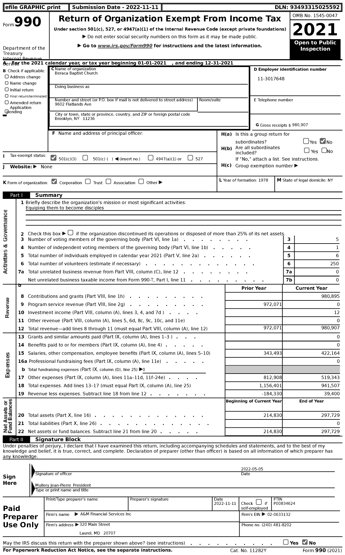 Image of first page of 2021 Form 990 for Beraca Baptist Church