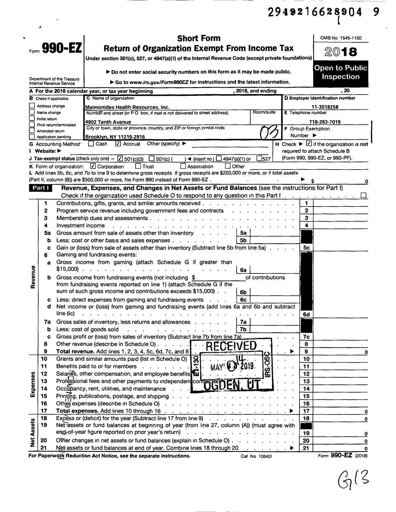 Image of first page of 2018 Form 990EZ for Maimonides Health Resources