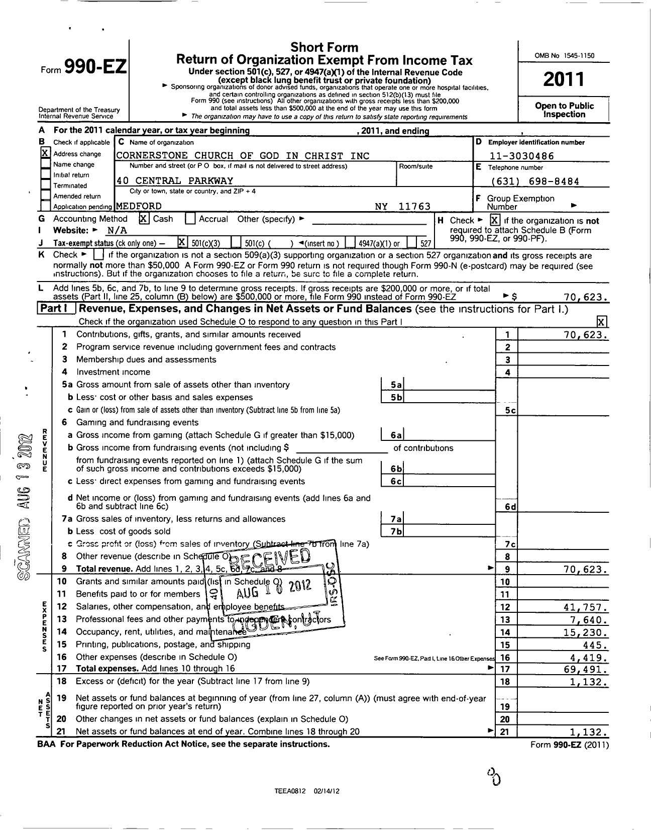 Image of first page of 2011 Form 990EZ for Cornerstone Church of God in Christ