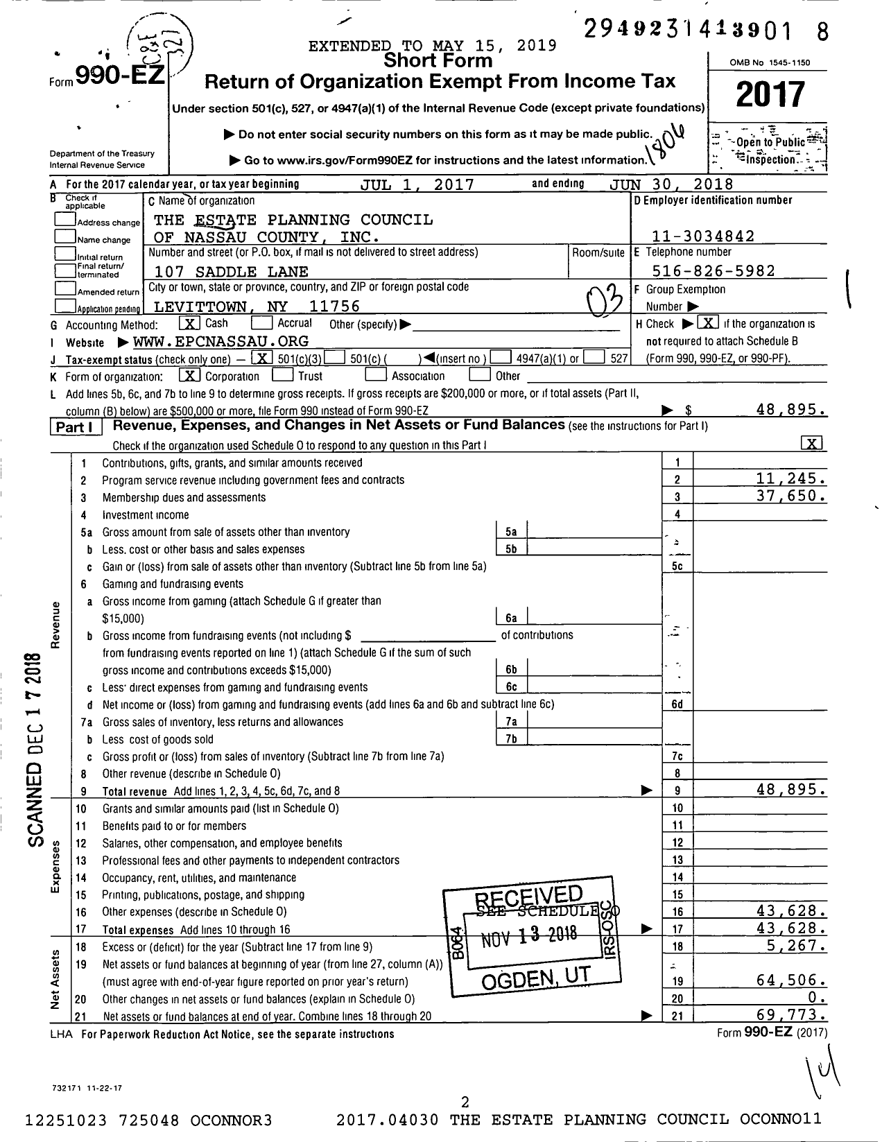 Image of first page of 2017 Form 990EZ for The Estate Planning Council of Nassau County