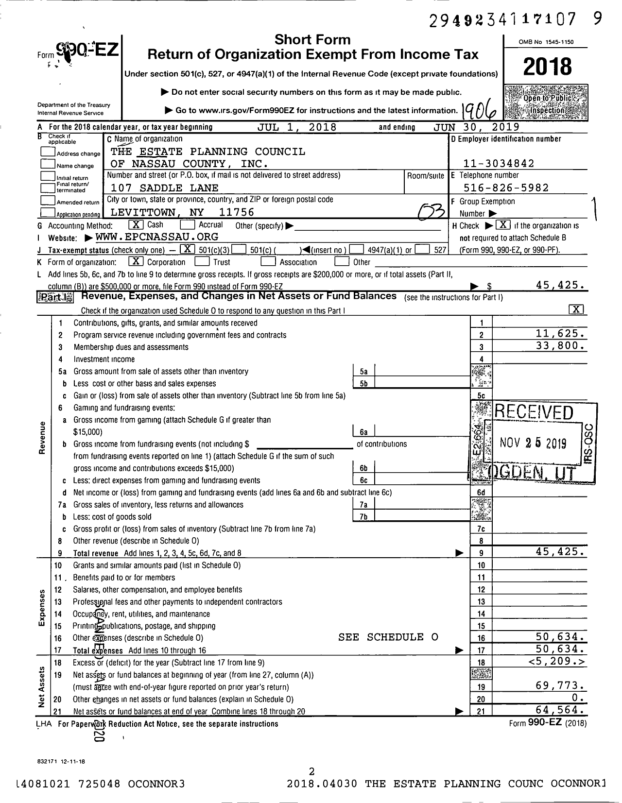 Image of first page of 2018 Form 990EZ for The Estate Planning Council of Nassau County