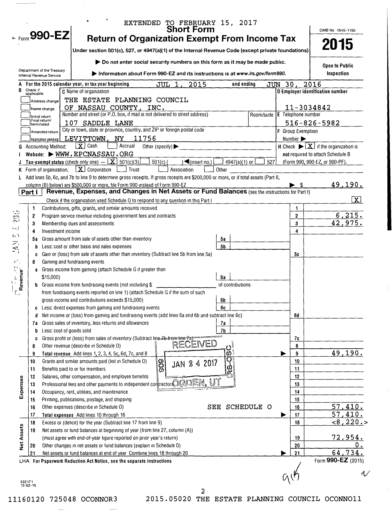 Image of first page of 2015 Form 990EZ for The Estate Planning Council of Nassau County