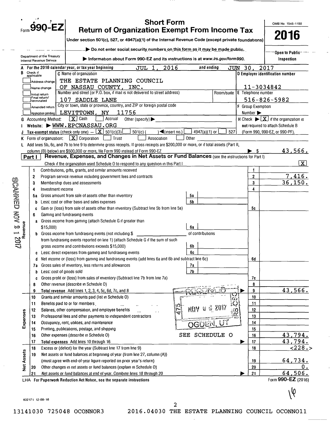 Image of first page of 2016 Form 990EZ for The Estate Planning Council of Nassau County