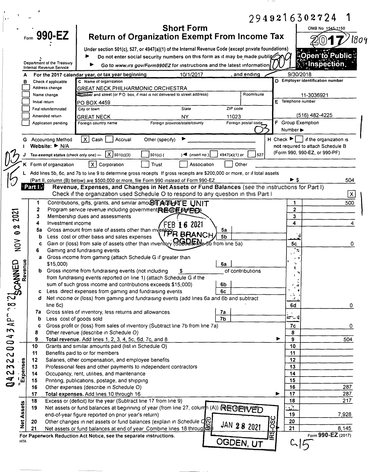 Image of first page of 2017 Form 990EZ for Great Neck Philharmonic Orchestra