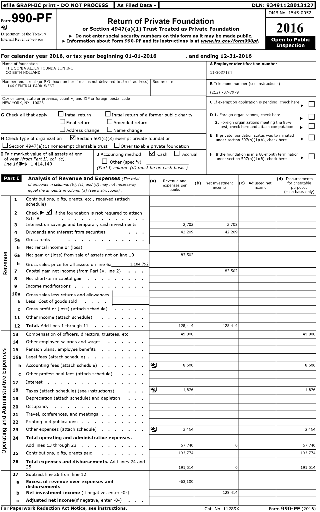 Image of first page of 2016 Form 990PF for The Sonia Alden Foundation