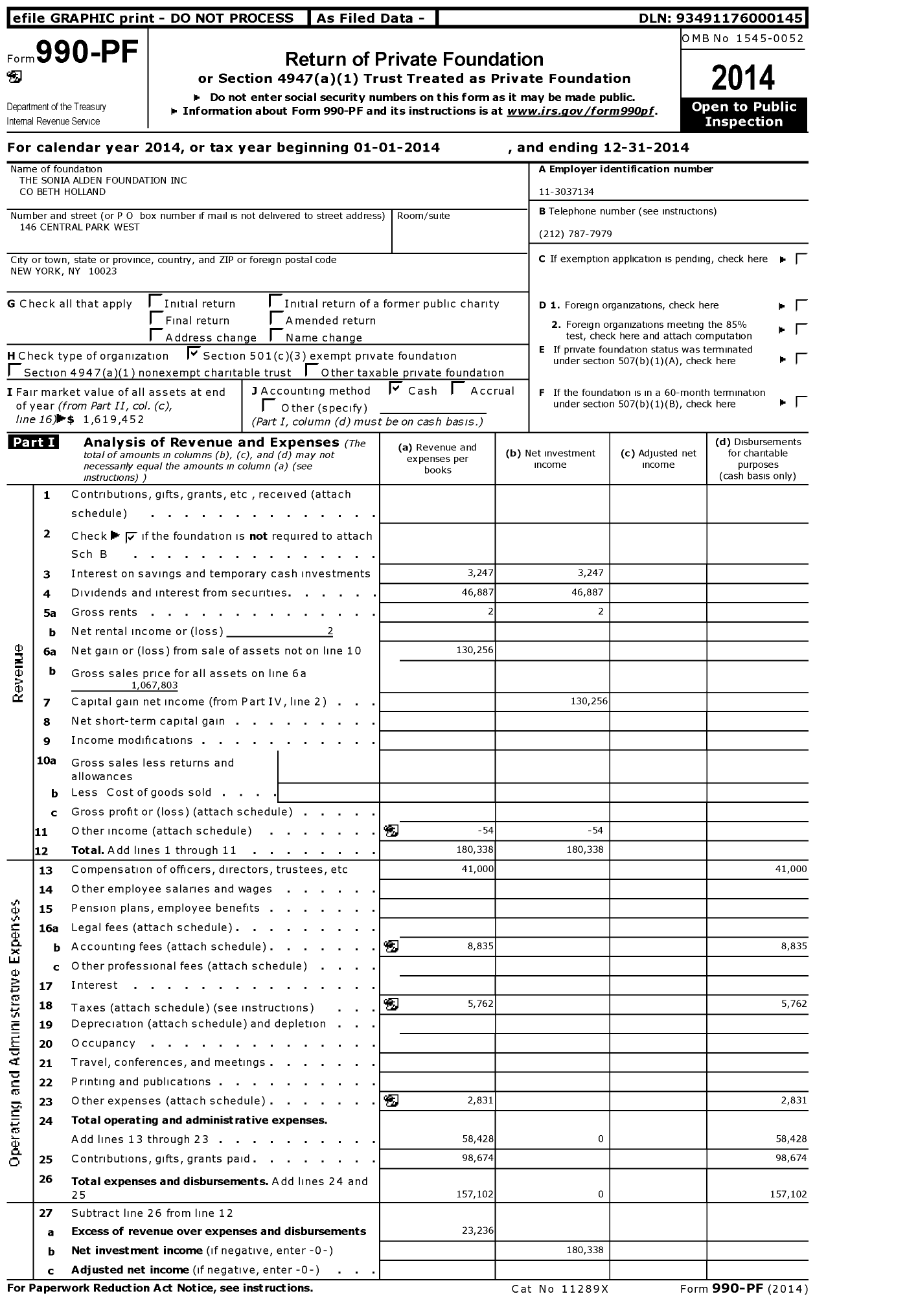 Image of first page of 2014 Form 990PF for The Sonia Alden Foundation