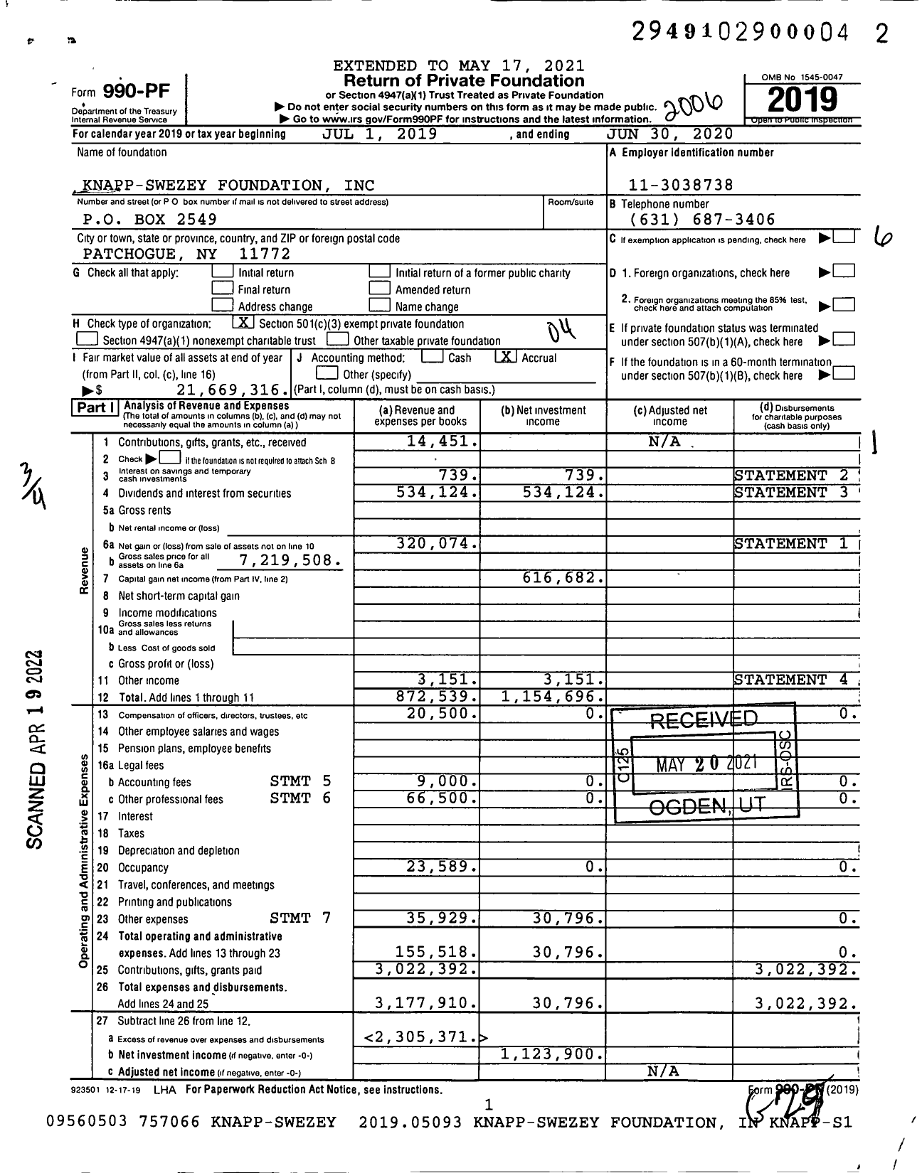 Image of first page of 2019 Form 990PF for Knapp-Swezey Foundation