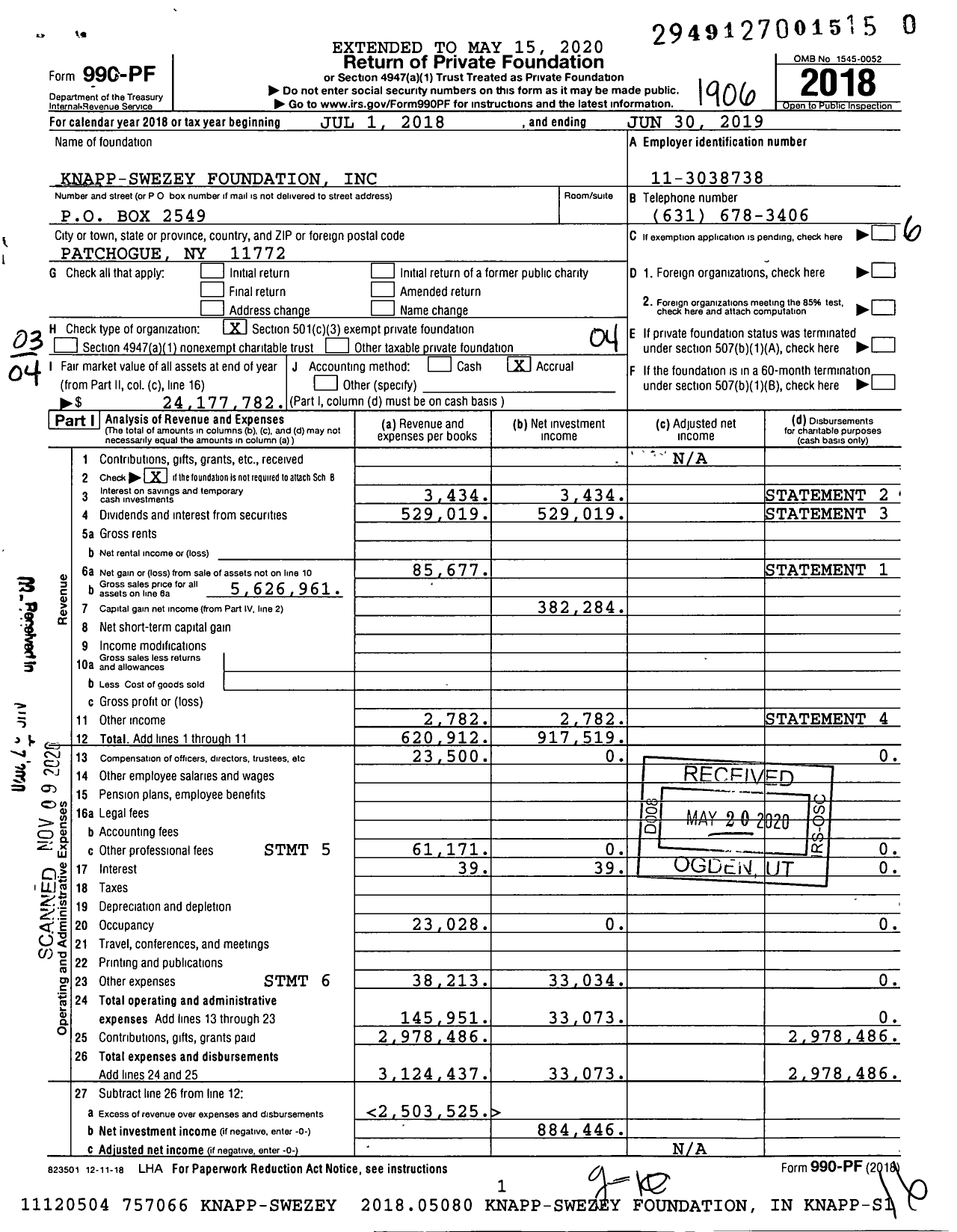 Image of first page of 2018 Form 990PF for Knapp-Swezey Foundation