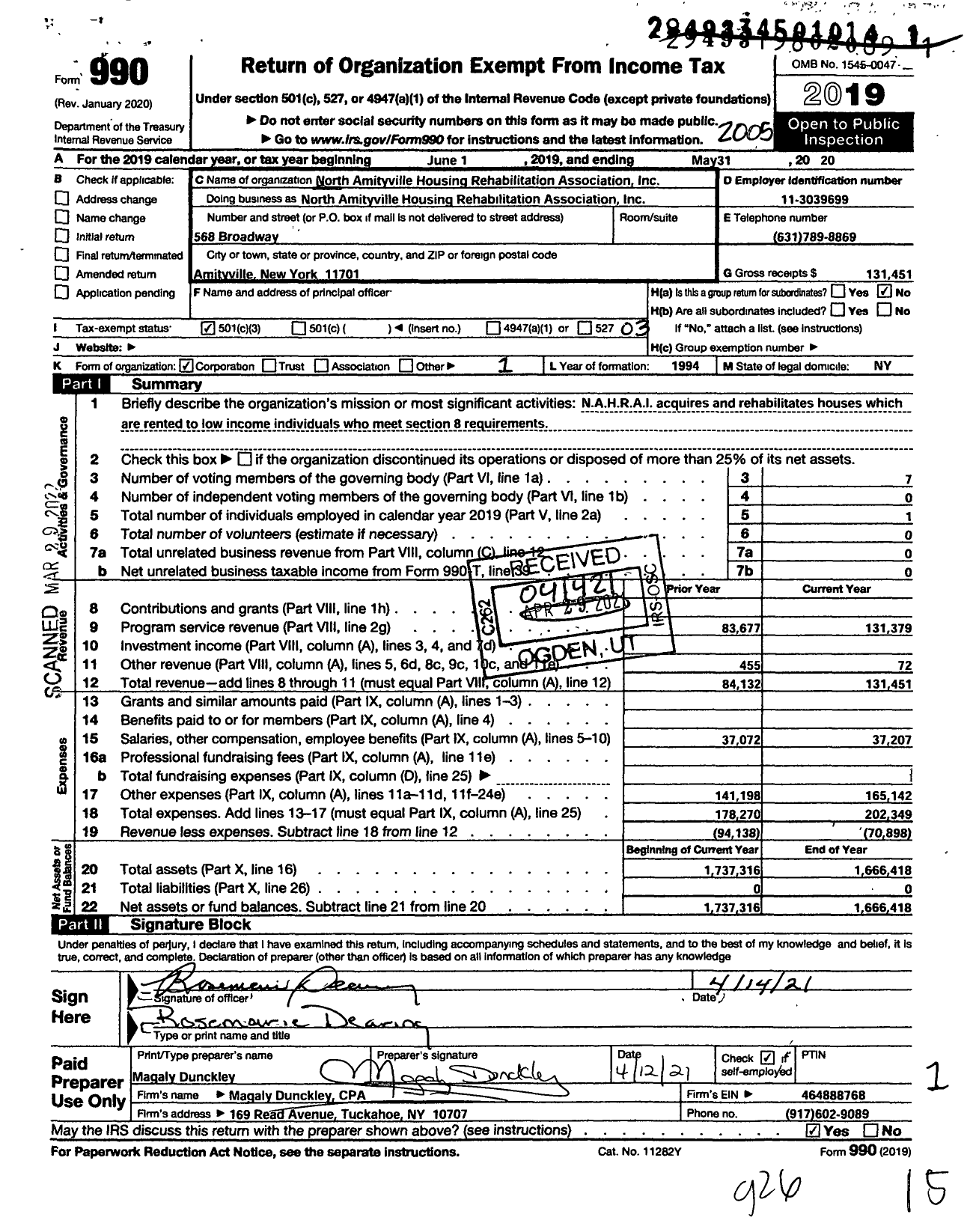 Image of first page of 2019 Form 990 for North Amityville Housing Rehabilitation Association