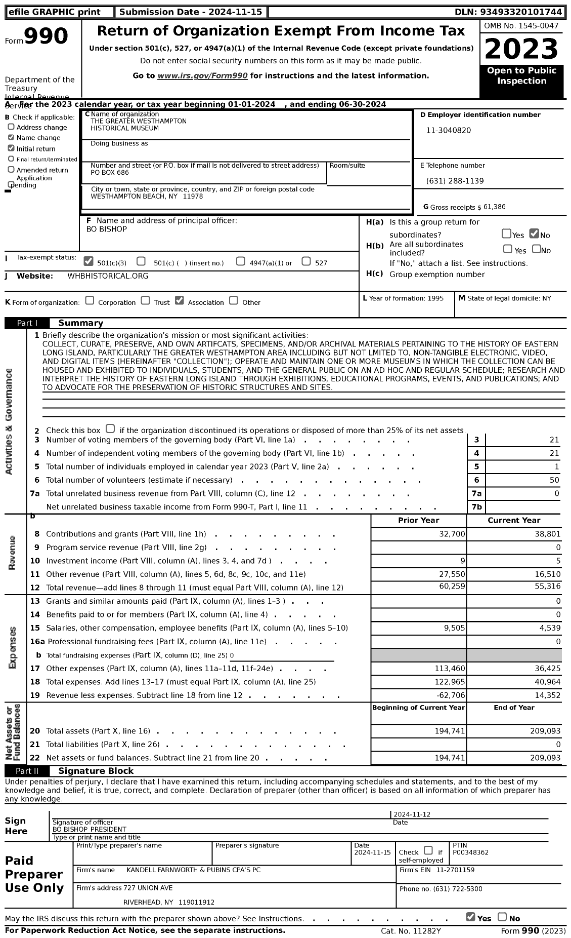 Image of first page of 2023 Form 990 for The Greater Westhampton Historical Museum