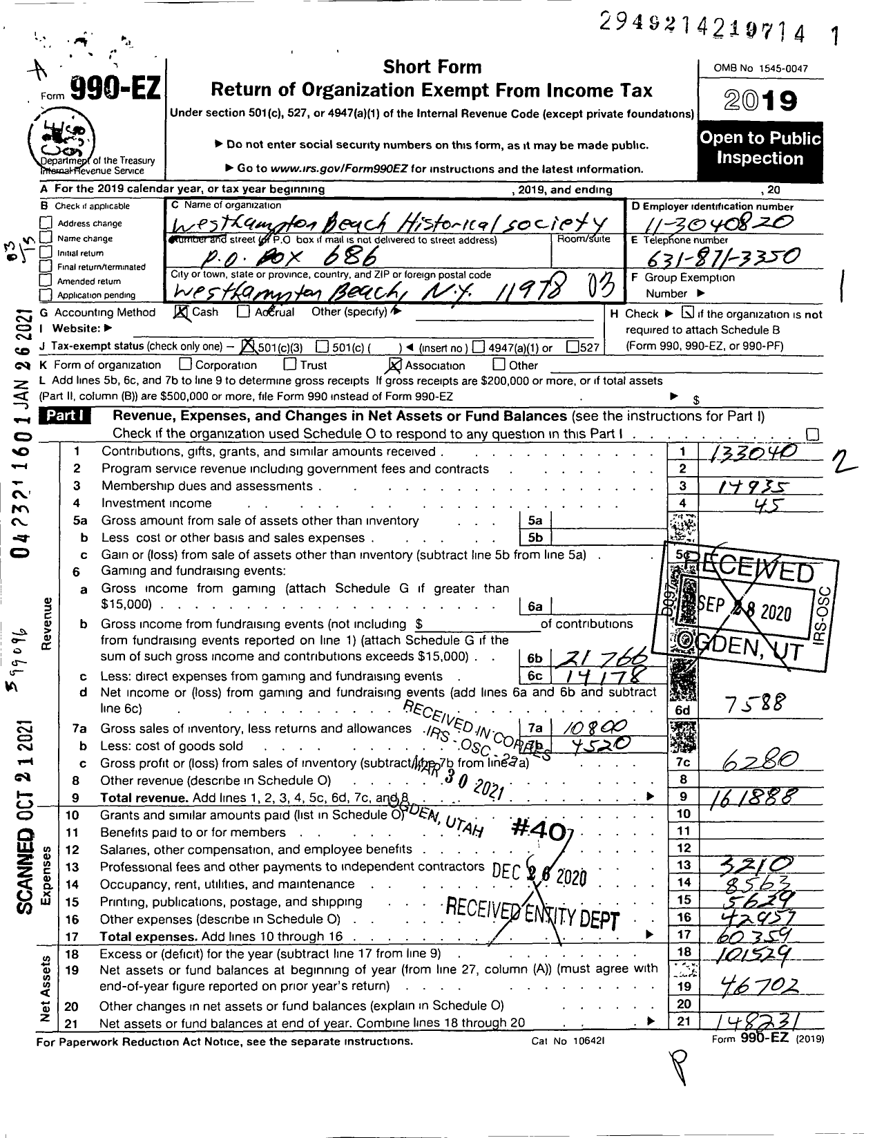 Image of first page of 2019 Form 990EZ for The Greater Westhampton Historical Museum