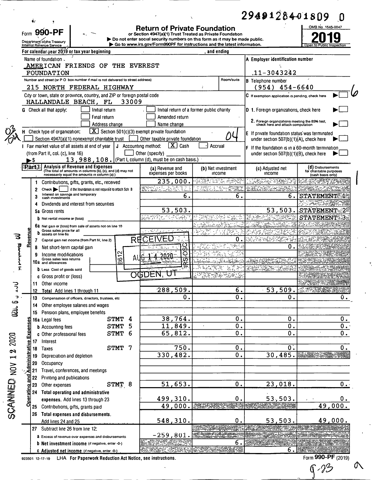 Image of first page of 2019 Form 990PF for American Friends of the Everest Foundation