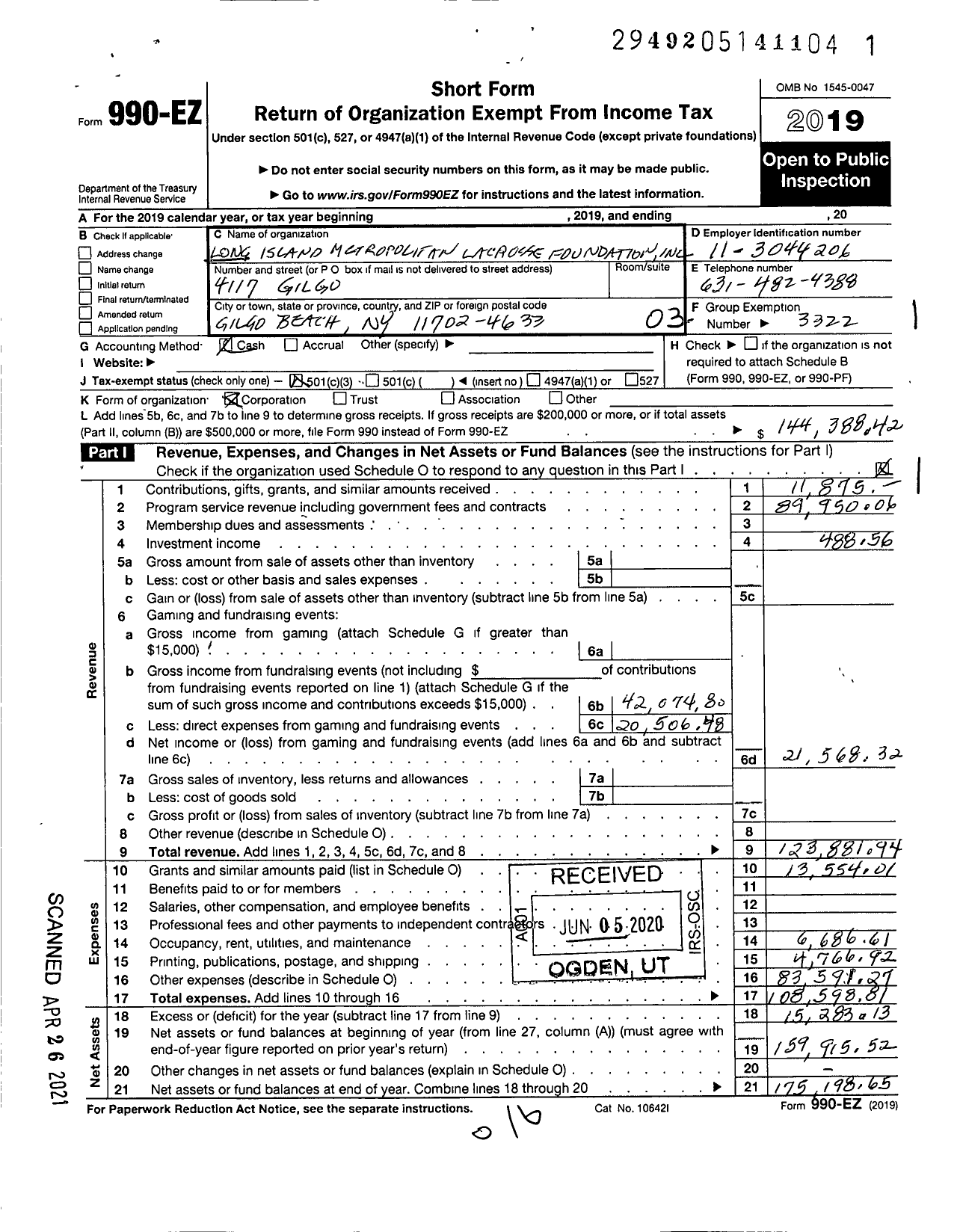 Image of first page of 2019 Form 990EZ for Long Island Metropolitan Lacrosse Foundation