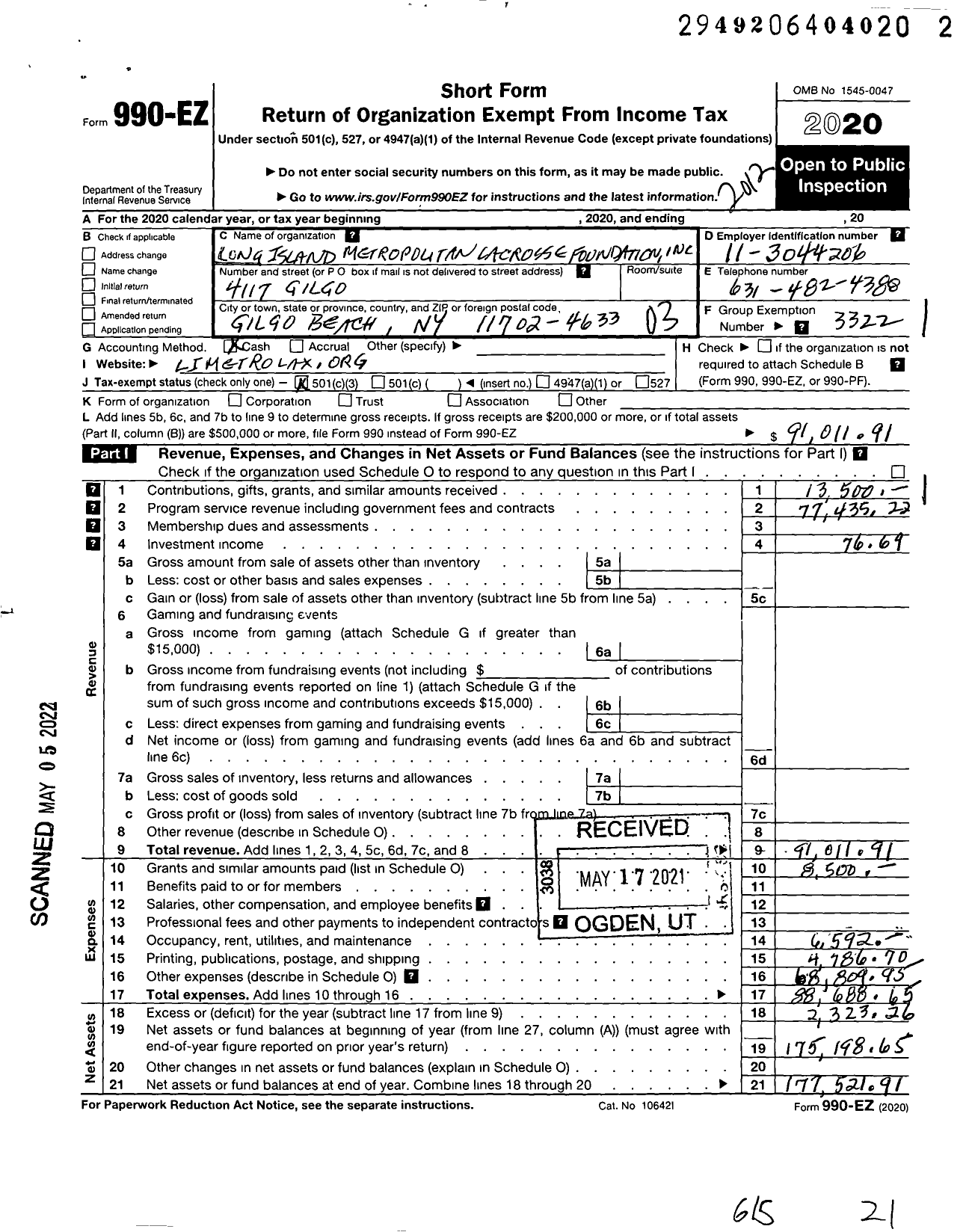 Image of first page of 2020 Form 990EZ for Long Island Metropolitan Lacrosse Foundation