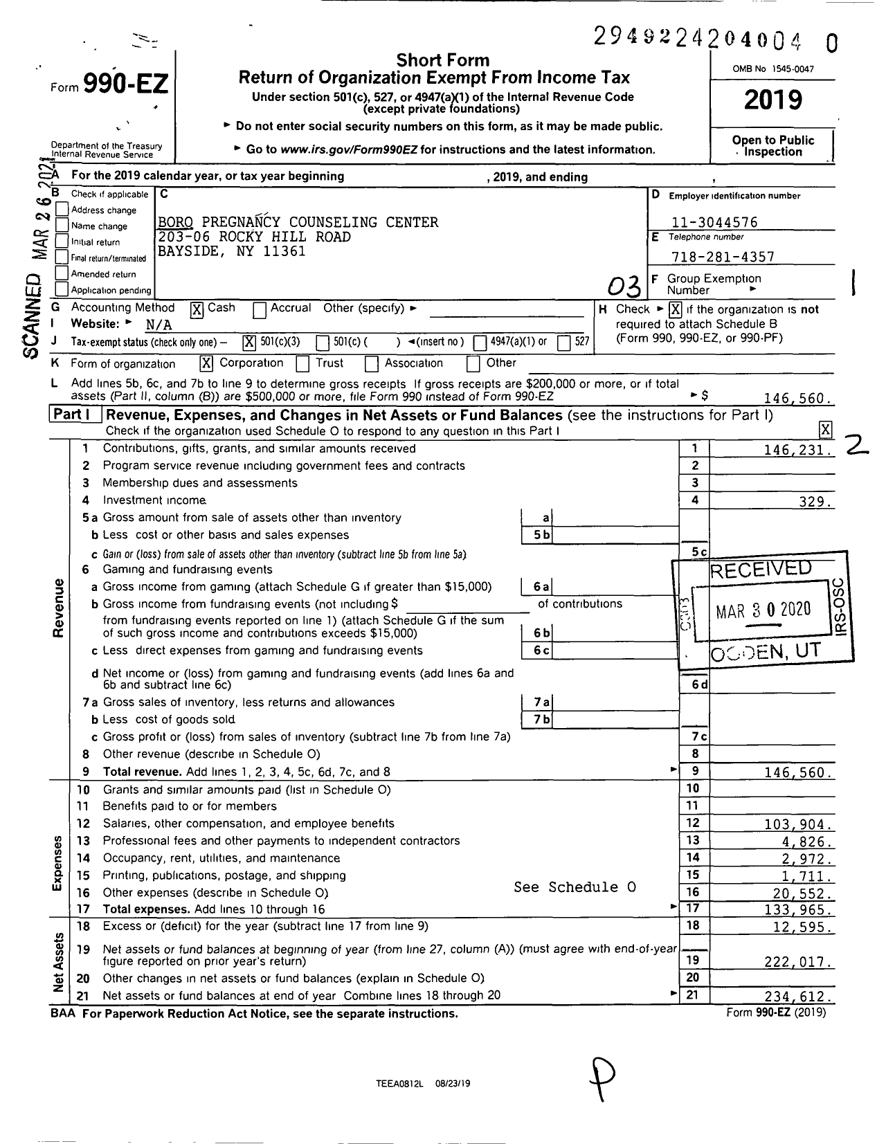 Image of first page of 2019 Form 990EZ for Boro Pregnancy Counseling Center