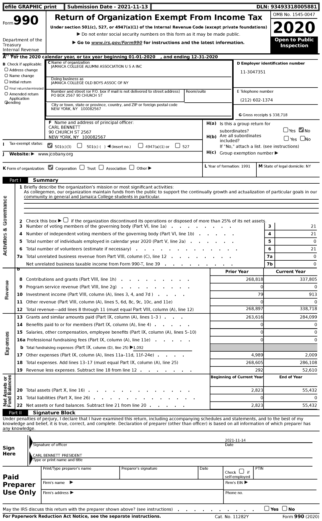 Image of first page of 2020 Form 990 for Jamaica College Alumni Association U S A