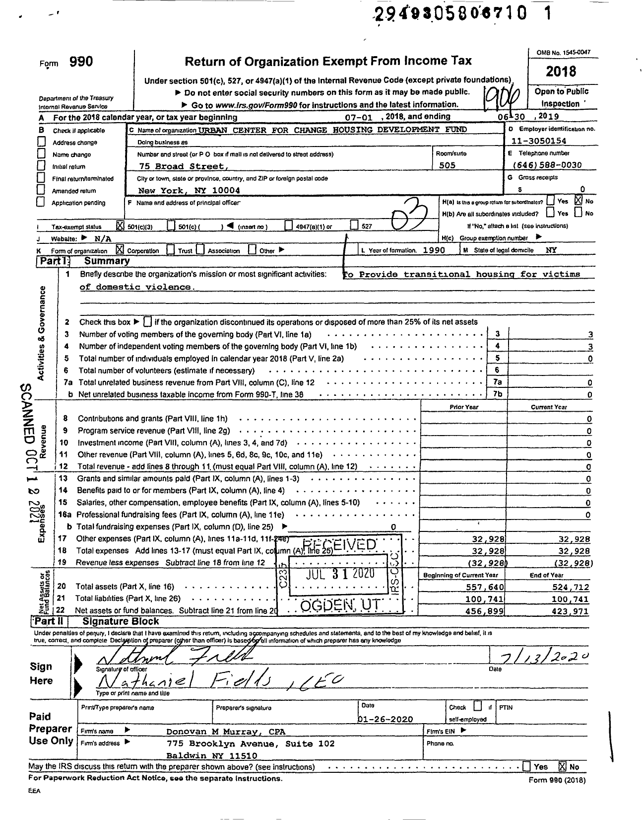 Image of first page of 2018 Form 990 for Urban Center for Change Housing Development Fund