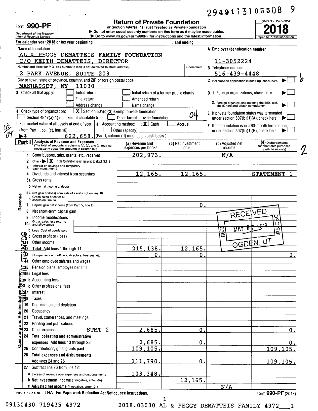 Image of first page of 2018 Form 990PF for Al and Peggy Dematteis Family Foundation