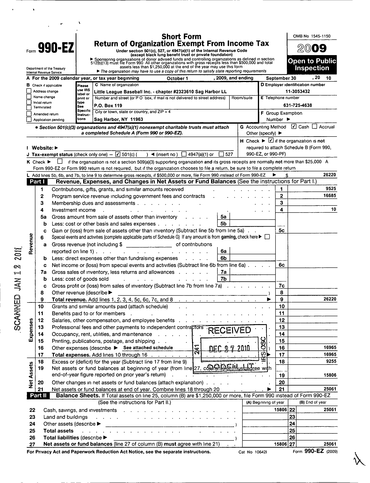 Image of first page of 2009 Form 990EO for Little League Baseball - 2323610 Sag Harbor LL