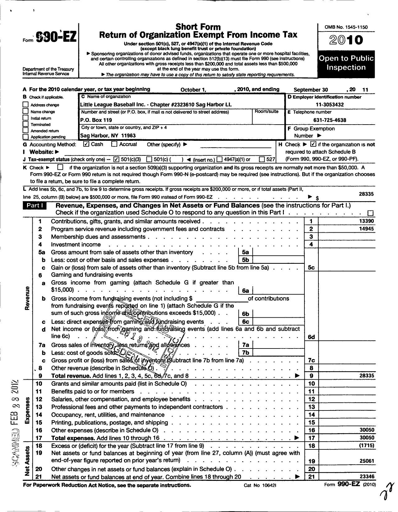 Image of first page of 2010 Form 990EZ for Little League Baseball - 2323610 Sag Harbor LL