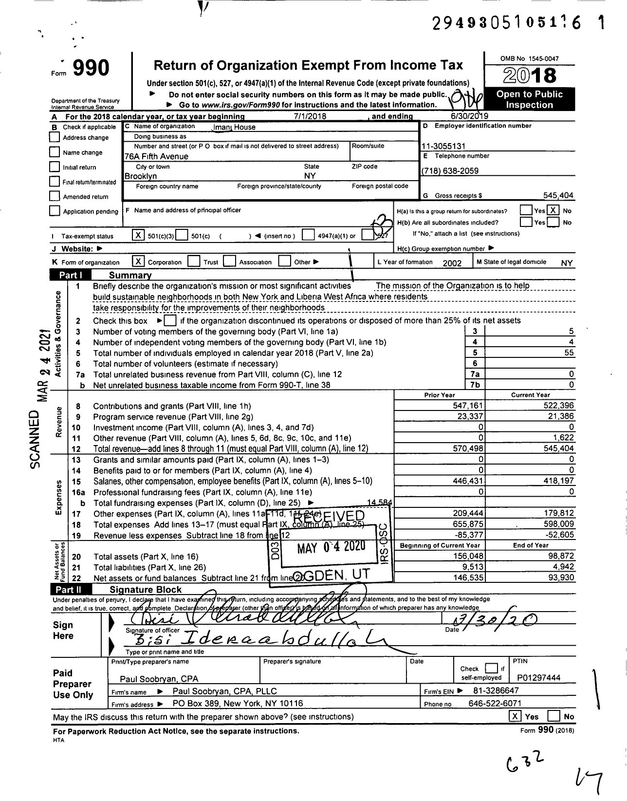 Image of first page of 2018 Form 990 for Imani House