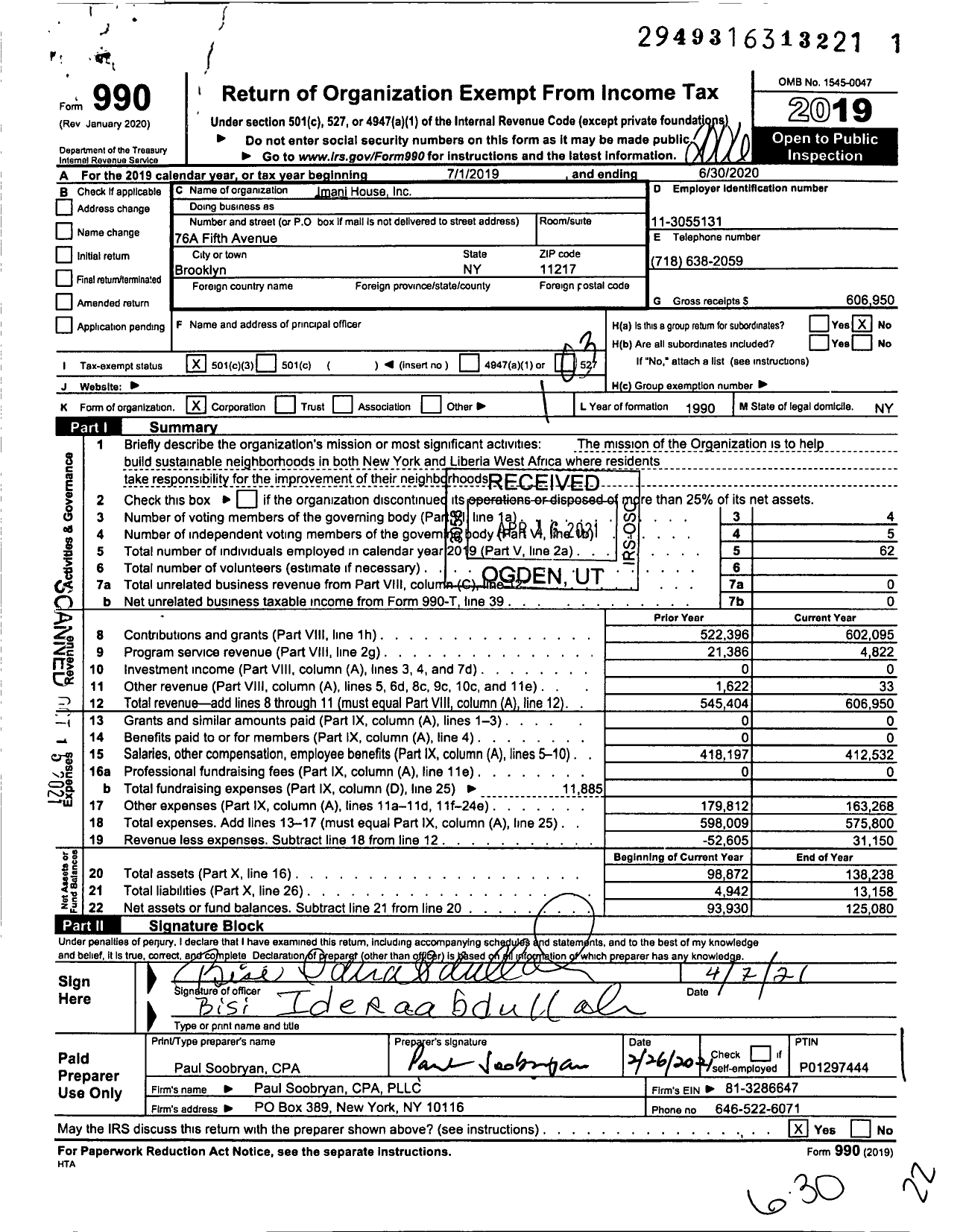 Image of first page of 2019 Form 990 for Imani House