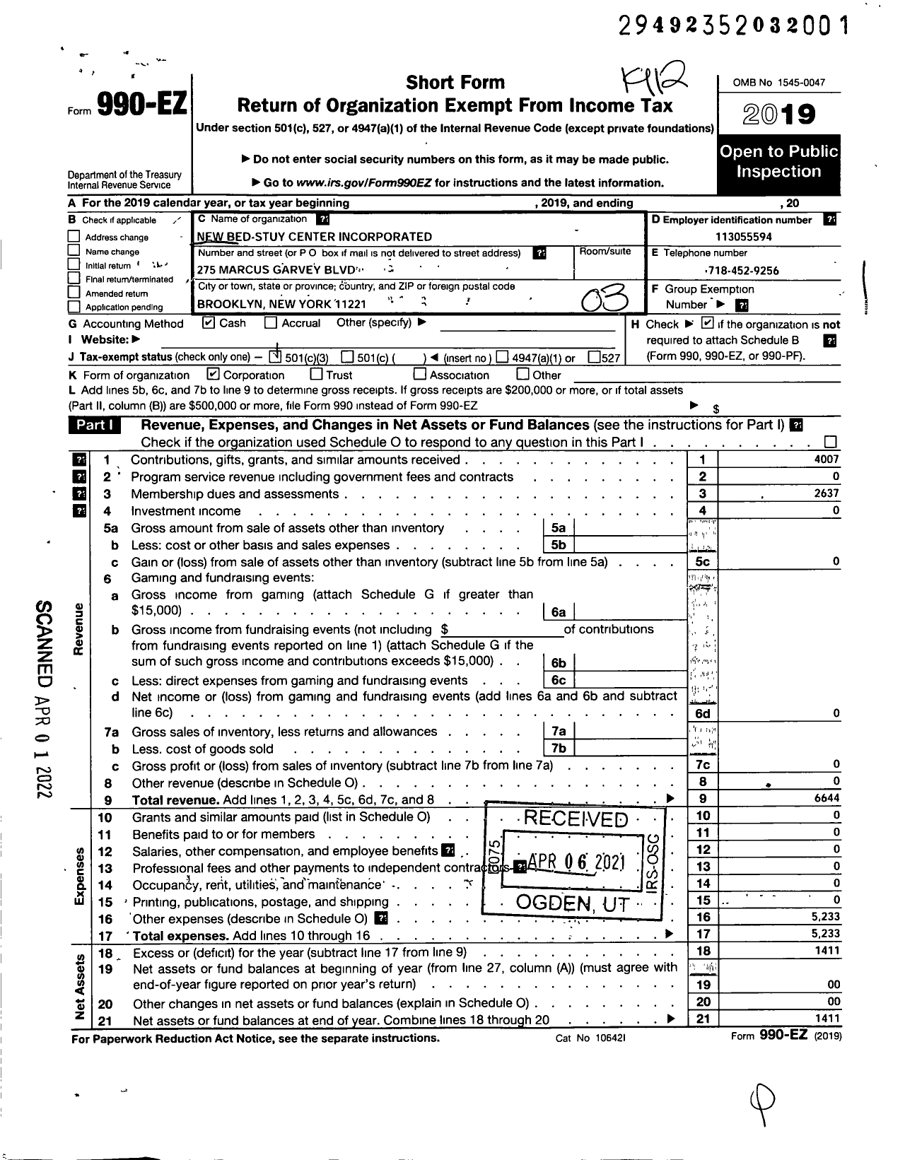 Image of first page of 2019 Form 990EZ for New Bed-Stuy Boxing Center