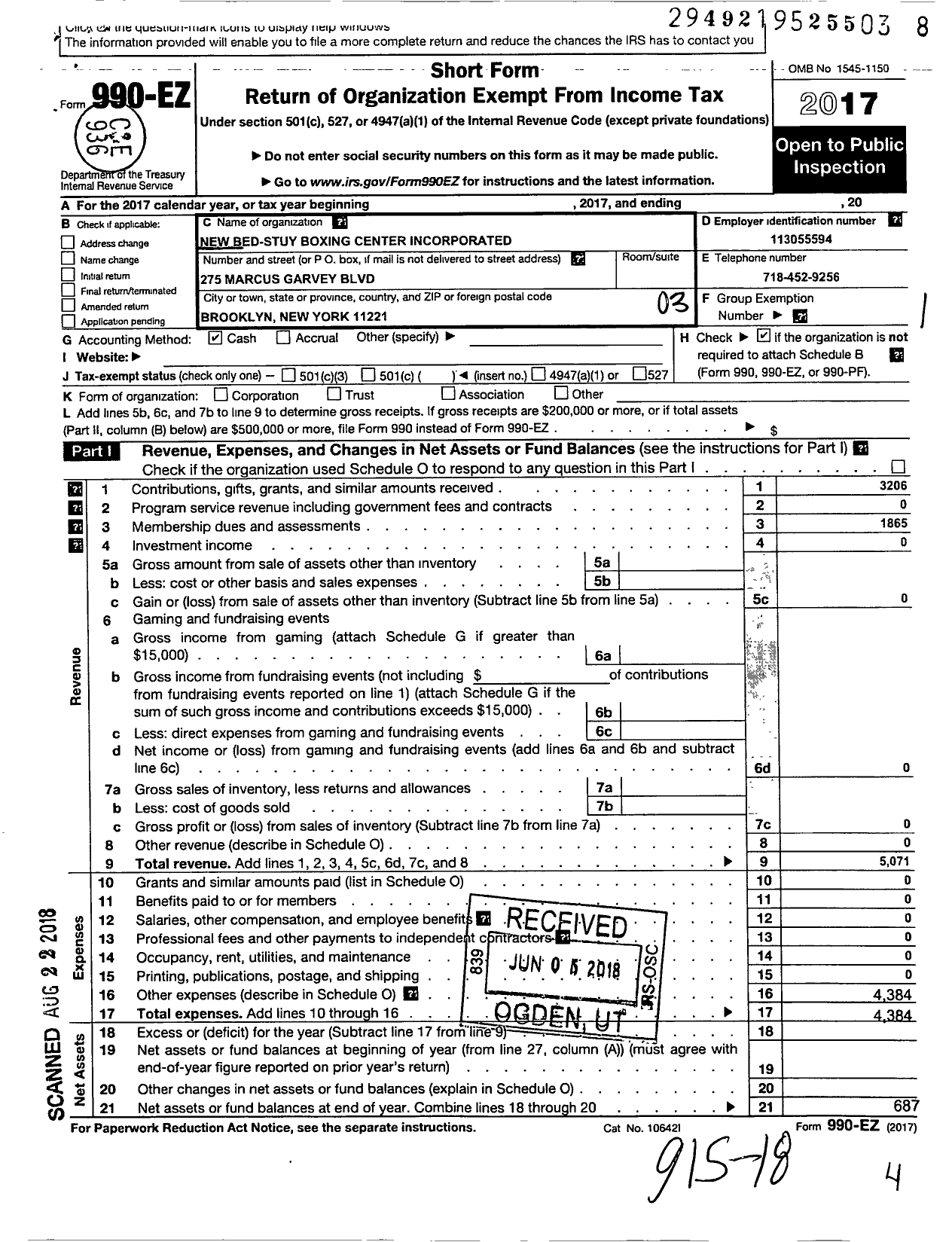 Image of first page of 2017 Form 990EZ for New Bed-Stuy Boxing Center