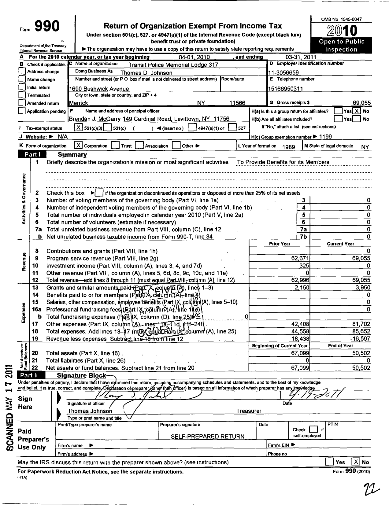 Image of first page of 2010 Form 990 for Fraternal Order of Police - Thomas D Johnson