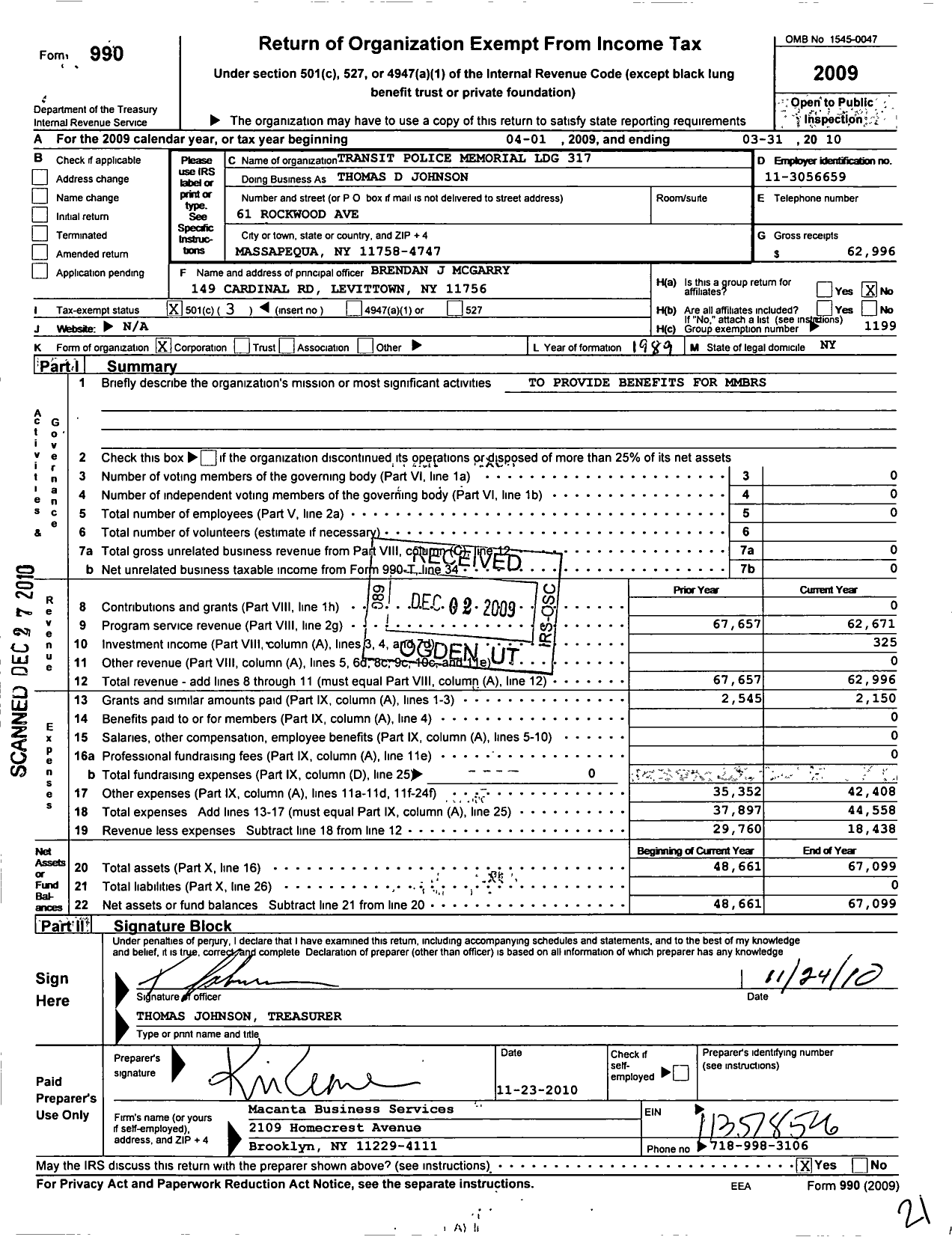 Image of first page of 2009 Form 990 for Fraternal Order of Police - Thomas D Johnson