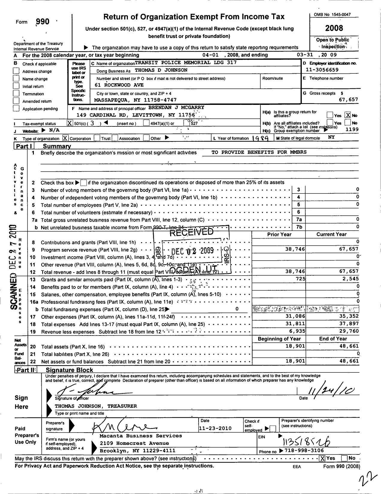 Image of first page of 2008 Form 990 for Fraternal Order of Police - Thomas D Johnson