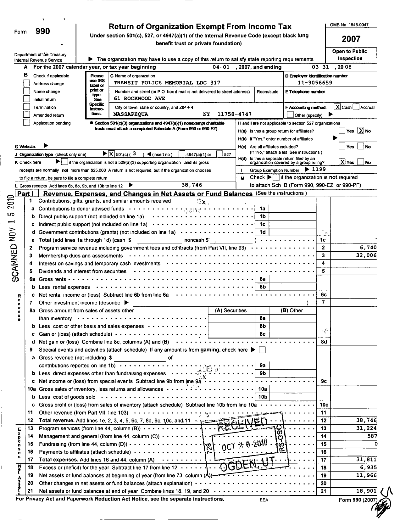 Image of first page of 2007 Form 990 for Fraternal Order of Police - Thomas D Johnson